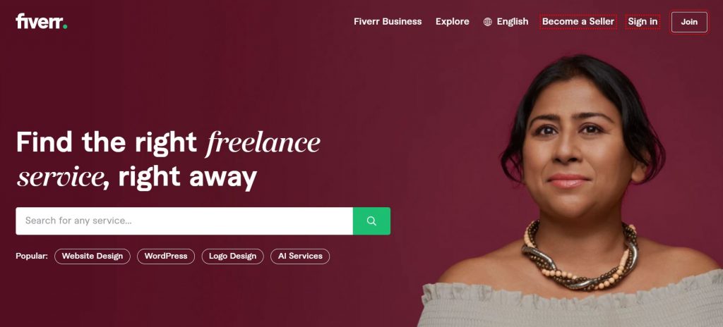 welcome page of Fiverr website